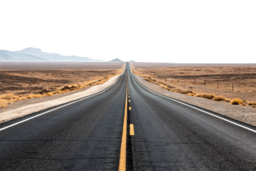 Desert highway stretching toward distant mountains with clear lane markings and fence posts along roadside, isolated on a transparent background