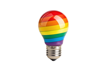 Rainbow colored light bulb with horizontal stripes in red orange yellow green blue purple gradient, isolated on a transparent background