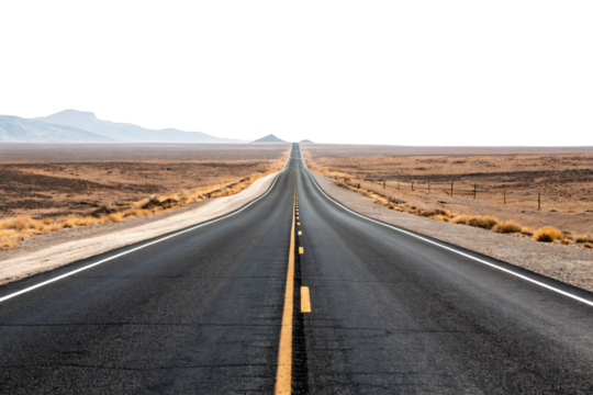 Desert highway stretching toward distant mountains with clear lane markings and fence posts along roadside, isolated on a transparent background