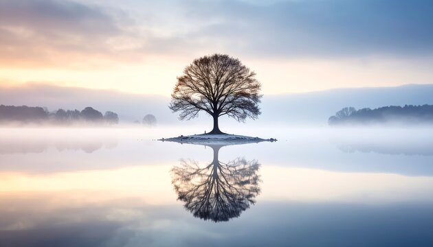 solitary tree in winter, reflected in the still waters of a foggy lake