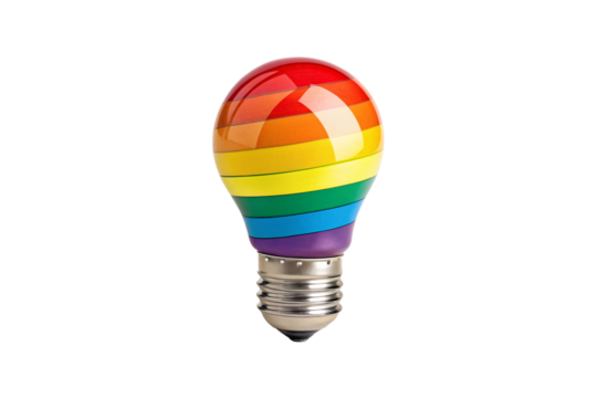Rainbow colored light bulb with horizontal stripes in red orange yellow green blue purple gradient, isolated on a transparent background