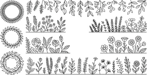 Hand-drawn floral vector illustration, botanical leaves and flower wreaths, nature border elements, garden flowers, spring design collection, outline graphics