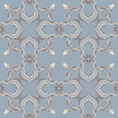 Seamless vintage damask floral tile design in light blue and earthy tones, perfect for textile prints and home decor.