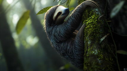Obraz premium Sloth Hanging From Mossy Tree In Rainforest