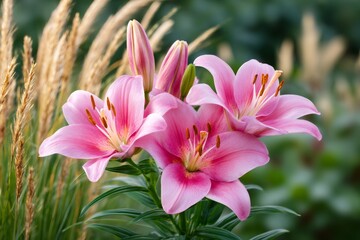 Pink lilies blooming in a garden with ornamental grass