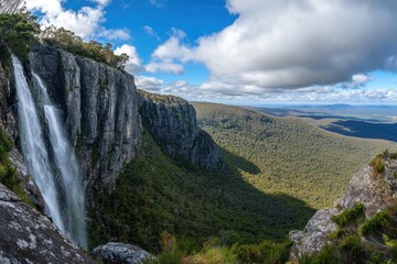 Fototapeta premium Mount Owen and Horsetail Falls showcase breathtaking natural beauty in Tasmania Australia under a vibrant sky, Tasmania Australia Mount Owen and Horsetail falls panoramic view
