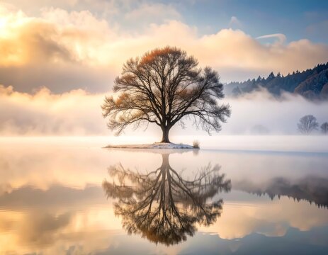solitary tree in winter, reflected in the still waters of a foggy lake