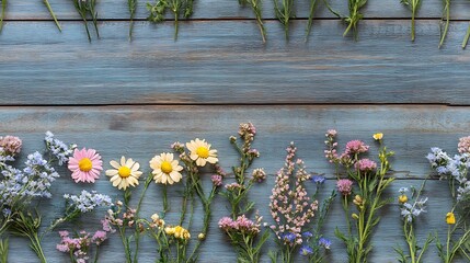 Flat lay of vintage wildflowers on faded denim striped fabric, rustic wood backdrop, natural daylight, cozy boho vibe. Created Using: flat lay photography, natural light, rustic styling, soft shadows,