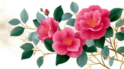 Pink Camellia Flowers Blooming with Golden Branches and Green Leaves