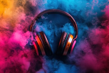 Vibrant headphones enveloped in colorful smoke create an artistic atmosphere, Vibrant Headphones Surrounded by Colorful Smoke