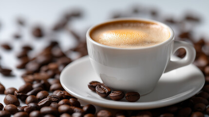 Fototapeta premium Cup of fresh espresso surrounded by roasted coffee beans. 