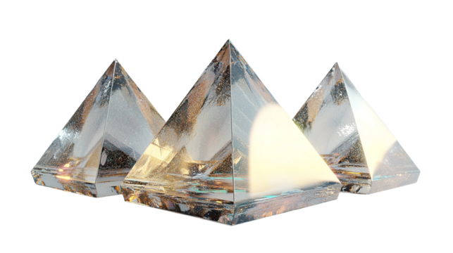 Gleaming Crystal Pyramids reflecting light embodying clarity and ambition standing proudly on transparent background