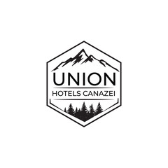 Obraz premium Mountain logo featuring sharp peaks, sunrise, and natural elements, perfect for outdoor gear, travel, and adventure brands. Bold, clean, and symbolizing strength, freedom, and exploration. 