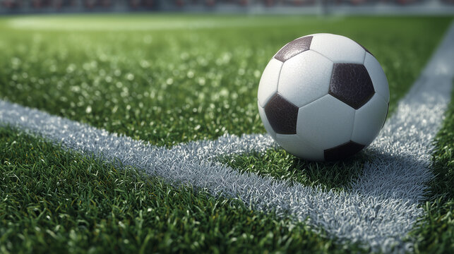 A soccer ball on the corner of a football field, with a grass background and a high-angle view. The image has a photorealistic appearance. The 2025 FIFA Club World Cup