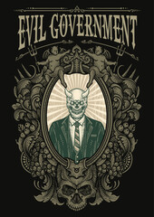 Illustration vintage engraving of a horned skull in a suit, symbolizing evil government with engraving frame.