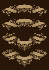 Vintage ribbons set classic engraving ornament style, Vector design.