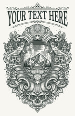 Vintage illustration mountain view with river antique engraving ornament frame - Vector EPS 10
