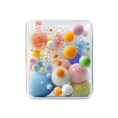 Abstract colorful composition of spheres and bubbles in a transparent container, vibrant shapes and textures