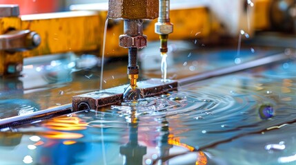 Close up of cnc water jet cutter in action for precision metal fabrication in automotive parts