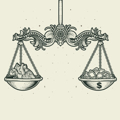 Illustration antique scales weigh hearts and money on black background