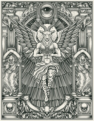 Celestial Goat Guardian holding crown and Wings with engraving ornament border - vector illustration