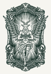 The baphomet holding crown on engraving ornament frame - Vector