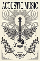 Acoustic Guitar with Wings, engraving Ornament Black and White design, Perfect for music themed designs, posters, and merchandise.