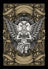 The baphomet holding crown on engraving ornament frame - Vector Illustration