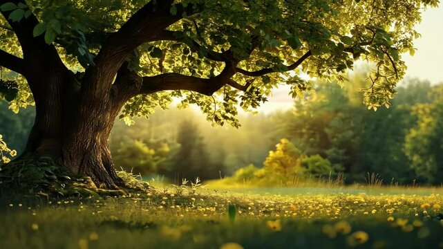 Sunlight streams through a large tree over a meadow of yellow flowers