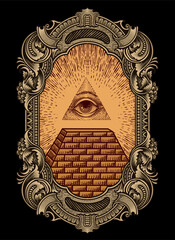 Illustration Illuminati Pyramid All Seeing Eye Vintage Engraving Frame - Vector Design