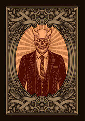 Illustration vintage engraving of a horned skull in a suit, symbolizing evil government with engraving frame.
