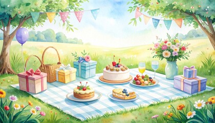 Obraz premium Whimsical watercolor scene of birthday picnic in nature: blanket, cake, gifts, sunshine, and party decorations in soft pastel tones, textured paper background