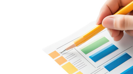 Hand Holding Yellow Pencil Over Paper with Color Charts and Data for Analysis and Planning Purposes