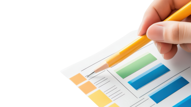 Hand Holding Yellow Pencil Over Paper with Color Charts and Data for Analysis and Planning Purposes
