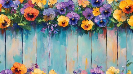 Oil painting of pansies scattered across lavender and mint striped garden fence, warm sunlight, playful countryside feel. Created Using: oil on canvas, impressionist brushwork, vivid tones,