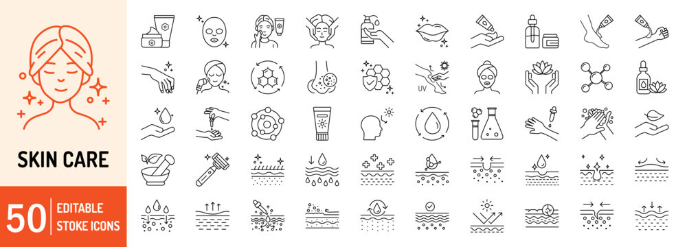 Skin care collections editable stroke outline web icons set. Skin care, cream, oil, treatment, cosmetic, beauty, facial, anti-aging, sun protection and more... Vector illustration