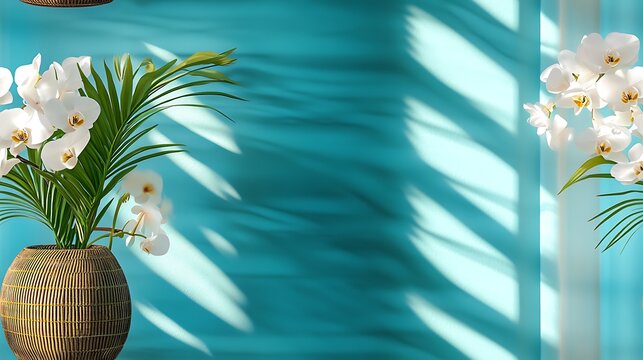 Orchid bouquet and palm fronds in a rattan vase, teal striped backdrop, bright morning light, tropical decor. Created Using: lifestyle photography, natural light, tropical props, airy composition, - Powered by Adobe