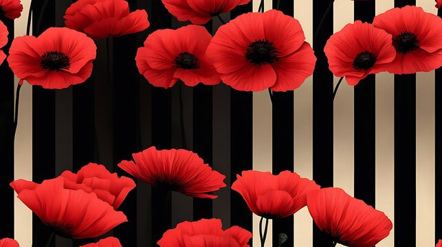 Poster design of red poppies over bold black stripes, graphic design style, striking typography, minimal layout. Created Using: digital design, bold typography, flat illustration,
