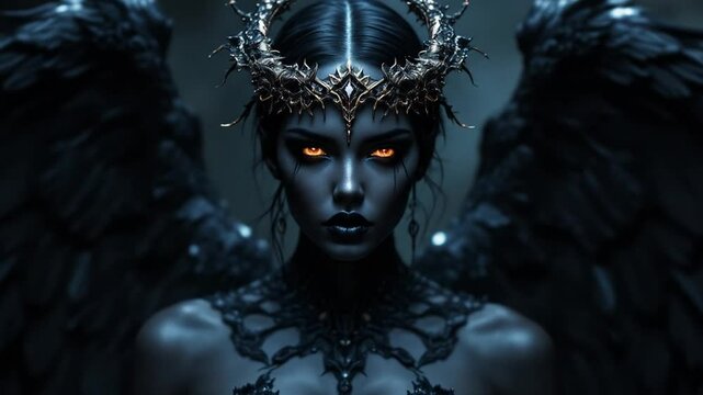Dark Angel Portrait With Wings and Crown Fantasy Art