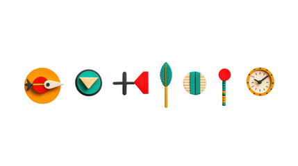 Colorful Abstract Designs with Various Shapes and Elements Including Clock, Feathers, and Arrows
