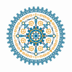 Abstract vector art of bike gears, chains, and frame parts forming a dynamic circular pattern, modern design for cycling club tee