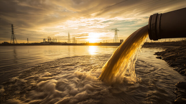 Polluted wastewater flowing from industrial pipe into natural water body.
