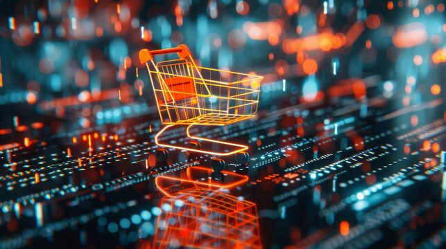 Futuristic mobile shopping app showcases virtual fashion with floating cart and online transactions
