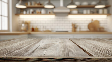 Rustic wooden kitchen table in focus with modern blurred kitchen interior in background.
