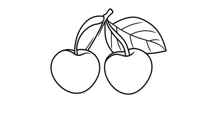 Line drawing of two cherries connected by a stem with a leaf
