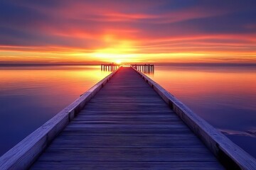 Obraz premium Sunset over Adelaide Largs Bay jetty pier illuminating calm waters in South Australia, Adelaide Largs Bay jetty pier at sunset South Australia travel landmark view