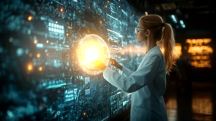 Female scientist in a lab coat interacting with a digital interface displaying data analytics - Powered by Adobe