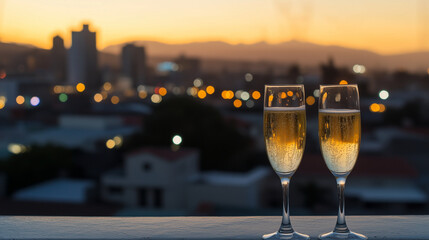 Two champagne glasses on a rooftop ledge at dusk, celebrating life with city lights and golden glow.