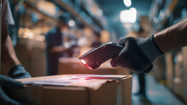 Worker scanning package with handheld barcode reader in warehouse environment.
