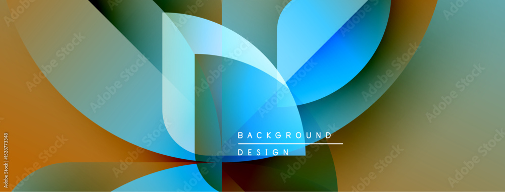 Poster Abstract geometric shapes overlap, creating dynamic visual flow. Colors blendblues, greens, orangesforming modern background design.